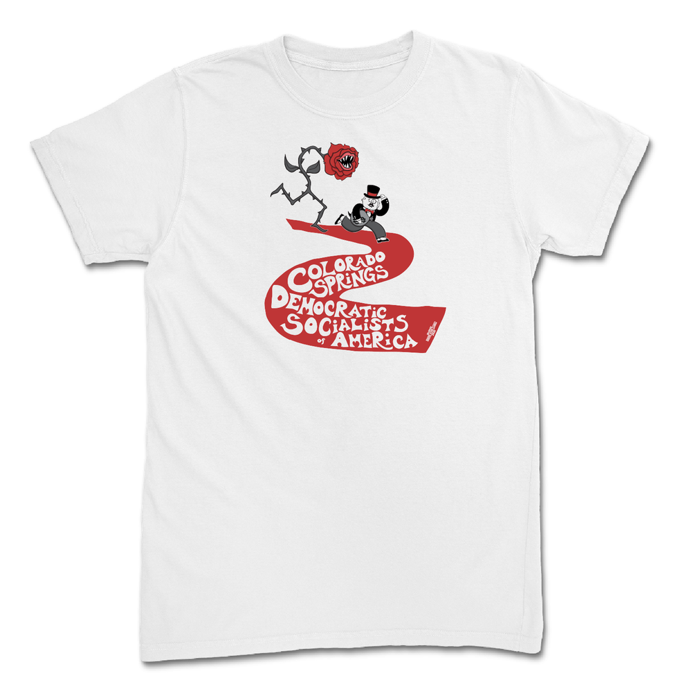USA Made custom tshirt in white with red logo as nonprofit custom merch